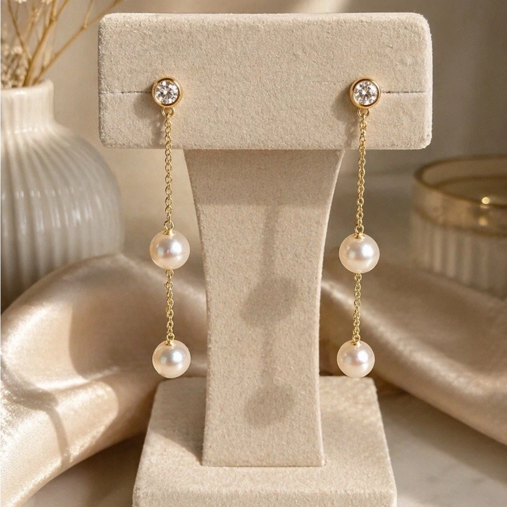 Effy 14k yellow Gold with Diamond fresh Water Pearl Drop Earrings gift - Picture 1 of 4
